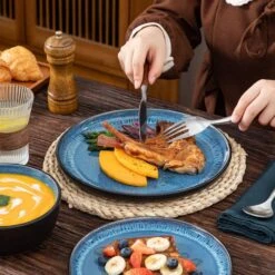 18-Piece Blue And Black Stoneware Dinnerware Set Service For 6 With Dinner Plates Dessert Plates And Cereal Bowls -Vancasso Shop blue and black vancasso dinnerware sets vc pla b 18 eu fa 1000