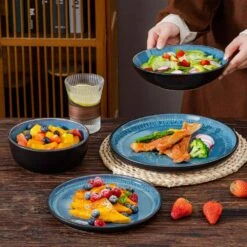 24-Piece Blue And Black Stoneware Dinnerware Set Service For 6 With Dinner Plate Dessert Plate Pasta Bowl Cereal Bowl -Vancasso Shop blue and black vancasso dinnerware sets vc pla b 24 eu 31 1000