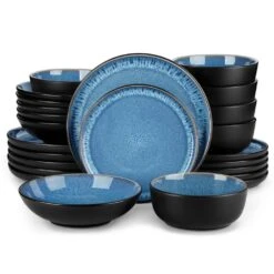 24-Piece Blue And Black Stoneware Dinnerware Set Service For 6 With Dinner Plate Dessert Plate Pasta Bowl Cereal Bowl