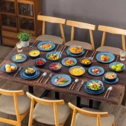 24-Piece Blue And Black Stoneware Dinnerware Set Service For 6 With Dinner Plate Dessert Plate Pasta Bowl Cereal Bowl -Vancasso Shop blue and black vancasso dinnerware sets vc pla b 24 eu 76 1000