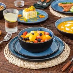 24-Piece Blue And Black Stoneware Dinnerware Set Service For 6 With Dinner Plate Dessert Plate Pasta Bowl Cereal Bowl -Vancasso Shop blue and black vancasso dinnerware sets vc pla b 24 eu d4 1000