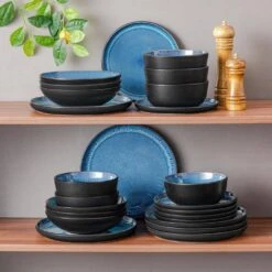 24-Piece Blue And Black Stoneware Dinnerware Set Service For 6 With Dinner Plate Dessert Plate Pasta Bowl Cereal Bowl -Vancasso Shop blue and black vancasso dinnerware sets vc pla b 24 eu fa 1000 1