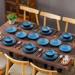 24-Piece Blue And Black Stoneware Dinnerware Set Service For 6 With Dinner Plate Dessert Plate Pasta Bowl Cereal Bowl -Vancasso Shop blue and black vancasso dinnerware sets vc pla b 24 eu fa 1000