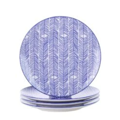 10.5 In. Blue Patterned Porcelain Dinner Plates Set For Pasta Salad Dessert (Set Of 4)
