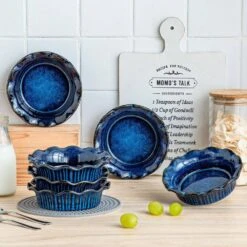 9 Oz. Stoneware 6-Piece Pie Dish Set Bakeware Small Pie Pan For Oven And Baking Blue Baking Dish 16 9 Oz. Stoneware 6-Piece Pie Dish Set Bakeware Small Pie Pan For Oven And Baking Blue Baking Dish -Vancasso Shop blue vancasso bakeware sets vc 6pp 05b 76 1000