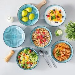 38 Fl. Oz. Blue Stoneware Pasta Bowl Set Of 6 Spirals Pattern Soup Bowl Salad Bowl Cereal Bowls -Vancasso Shop blue vancasso bowls vc bonbon bl lyw 44 1000
