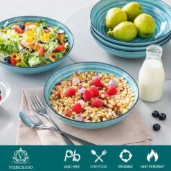 38 Fl. Oz. Blue Stoneware Pasta Bowl Set Of 6 Spirals Pattern Soup Bowl Salad Bowl Cereal Bowls -Vancasso Shop blue vancasso bowls vc bonbon bl lyw 4f 1000