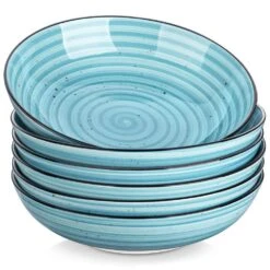 38 Fl. Oz. Blue Stoneware Pasta Bowl Set Of 6 Spirals Pattern Soup Bowl Salad Bowl Cereal Bowls