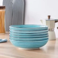 38 Fl. Oz. Blue Stoneware Pasta Bowl Set Of 6 Spirals Pattern Soup Bowl Salad Bowl Cereal Bowls -Vancasso Shop blue vancasso bowls vc bonbon bl lyw 76 1000