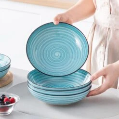 38 Fl. Oz. Blue Stoneware Pasta Bowl Set Of 6 Spirals Pattern Soup Bowl Salad Bowl Cereal Bowls -Vancasso Shop blue vancasso bowls vc bonbon bl lyw fa 1000