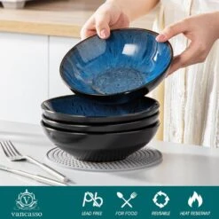 24 Fl. Oz. Blue Stoneware Cereal Bowl Set Of 4 Soup Bowl Pasta Bowl Salad Bowl -Vancasso Shop blue vancasso bowls vc bubble b sdw 1f 1000