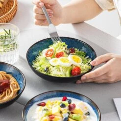 24 Fl. Oz. Blue Stoneware Cereal Bowl Set Of 4 Soup Bowl Pasta Bowl Salad Bowl -Vancasso Shop blue vancasso bowls vc bubble b sdw 31 1000