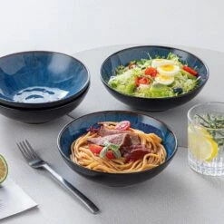 24 Fl. Oz. Blue Stoneware Cereal Bowl Set Of 4 Soup Bowl Pasta Bowl Salad Bowl -Vancasso Shop blue vancasso bowls vc bubble b sdw 76 1000