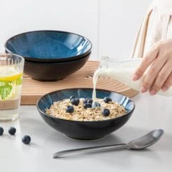 24 Fl. Oz. Blue Stoneware Cereal Bowl Set Of 4 Soup Bowl Pasta Bowl Salad Bowl -Vancasso Shop blue vancasso bowls vc bubble b sdw fa 1000