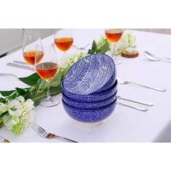 TAKAKI 14.2 Fl. Oz. Blue Patterned Porcelain Dinner Plates Set For Pasta Salad Dessert (Set Of 4) 13 TAKAKI 14.2 Fl. Oz. Blue Patterned Porcelain Dinner Plates Set For Pasta Salad Dessert (Set Of 4) -Vancasso Shop blue vancasso bowls vc takaki sdw 44 1000