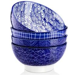 TAKAKI 14.2 Fl. Oz. Blue Patterned Porcelain Dinner Plates Set For Pasta Salad Dessert (Set Of 4)