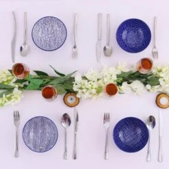 TAKAKI 14.2 Fl. Oz. Blue Patterned Porcelain Dinner Plates Set For Pasta Salad Dessert (Set Of 4) 15 TAKAKI 14.2 Fl. Oz. Blue Patterned Porcelain Dinner Plates Set For Pasta Salad Dessert (Set Of 4) -Vancasso Shop blue vancasso bowls vc takaki sdw 76 1000