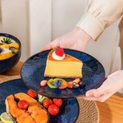 16-Piece Blue Stoneware Dinnerware Set Service For 4-Embossed Star-shape Floral Pattern Bowls And Plates Set 16 16-Piece Blue Stoneware Dinnerware Set Service For 4-Embossed Star-shape Floral Pattern Bowls And Plates Set -Vancasso Shop blue vancasso dinnerware sets lydia sl b 01 1d 1000