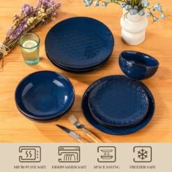 16-Piece Blue Stoneware Dinnerware Set Service For 4-Embossed Star-shape Floral Pattern Bowls And Plates Set 21 16-Piece Blue Stoneware Dinnerware Set Service For 4-Embossed Star-shape Floral Pattern Bowls And Plates Set -Vancasso Shop blue vancasso dinnerware sets lydia sl b 01 44 1000