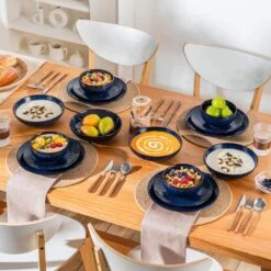 16-Piece Blue Stoneware Dinnerware Set Service For 4-Embossed Star-shape Floral Pattern Bowls And Plates Set 19 16-Piece Blue Stoneware Dinnerware Set Service For 4-Embossed Star-shape Floral Pattern Bowls And Plates Set -Vancasso Shop blue vancasso dinnerware sets lydia sl b 01 4f 1000
