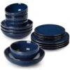 16-Piece Blue Stoneware Dinnerware Set Service For 4-Embossed Star-shape Floral Pattern Bowls And Plates Set