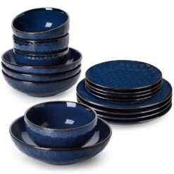16-Piece Blue Stoneware Dinnerware Set Service For 4-Embossed Star-shape Floral Pattern Bowls And Plates Set