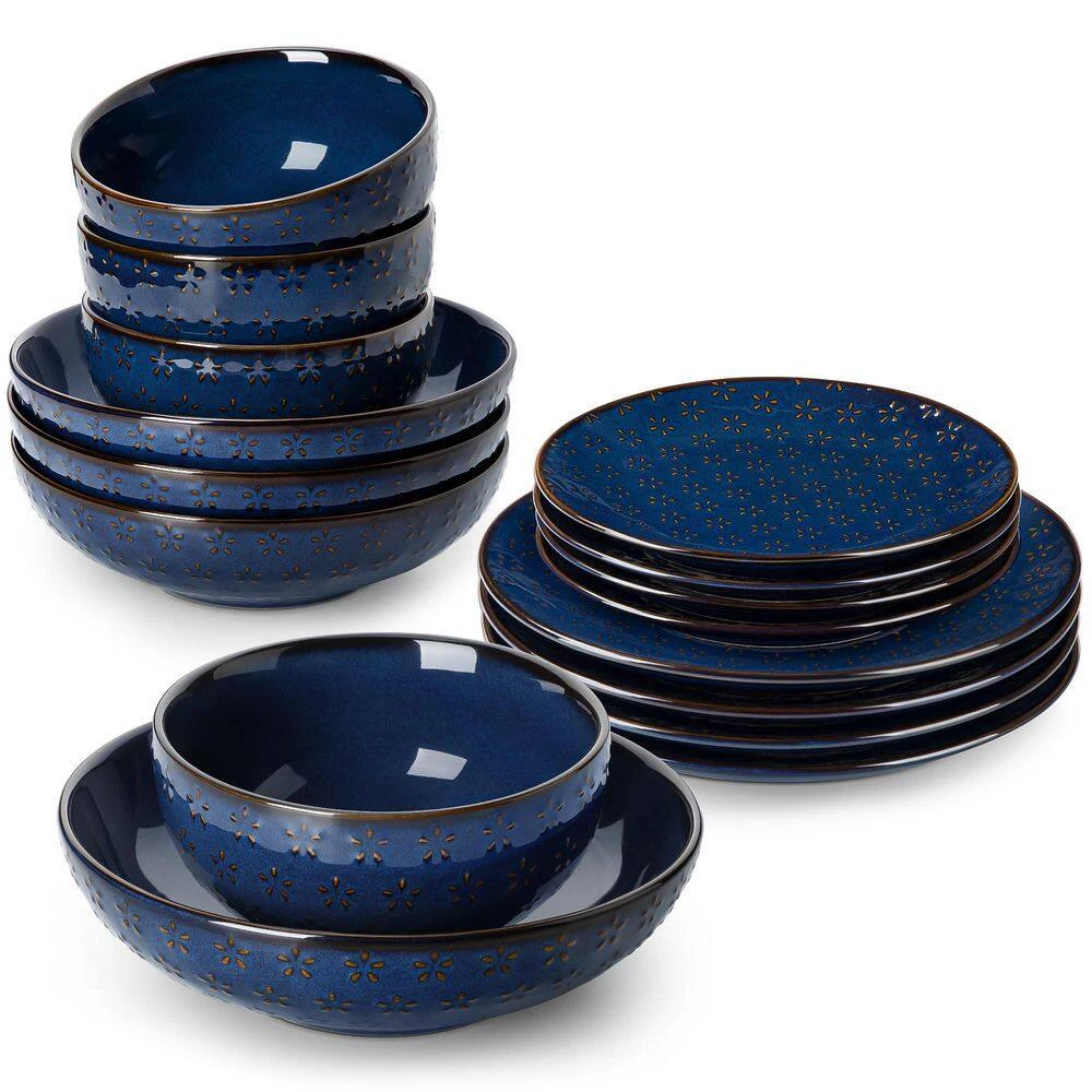 16-Piece Blue Stoneware Dinnerware Set Service For 4-Embossed Star-shape Floral Pattern Bowls And Plates Set 3 16-Piece Blue Stoneware Dinnerware Set Service For 4-Embossed Star-shape Floral Pattern Bowls And Plates Set