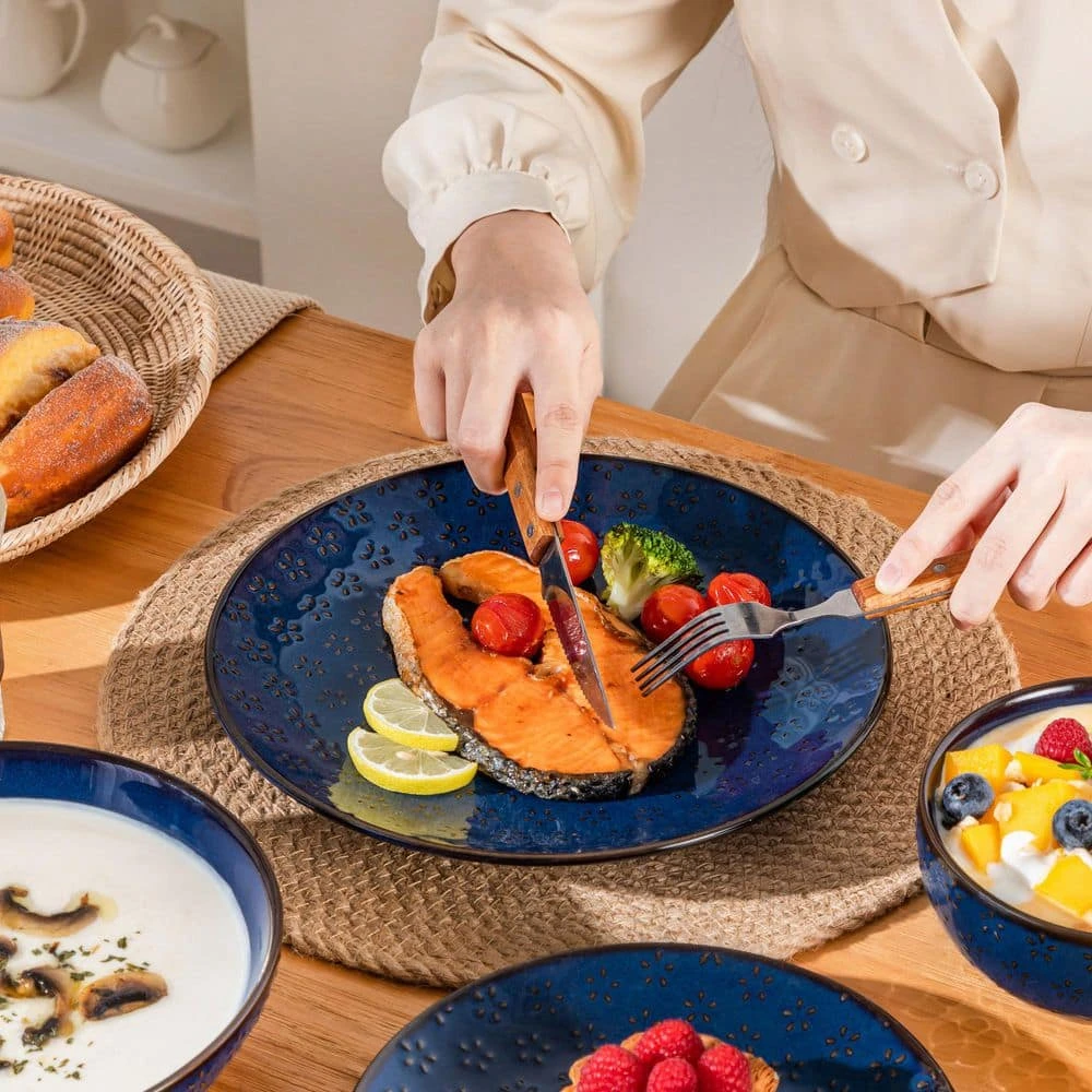 16-Piece Blue Stoneware Dinnerware Set Service For 4-Embossed Star-shape Floral Pattern Bowls And Plates Set 6 16-Piece Blue Stoneware Dinnerware Set Service For 4-Embossed Star-shape Floral Pattern Bowls And Plates Set - Image 4