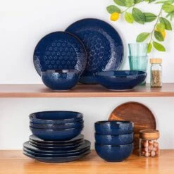 16-Piece Blue Stoneware Dinnerware Set Service For 4-Embossed Star-shape Floral Pattern Bowls And Plates Set 23 16-Piece Blue Stoneware Dinnerware Set Service For 4-Embossed Star-shape Floral Pattern Bowls And Plates Set -Vancasso Shop blue vancasso dinnerware sets lydia sl b 01 76 1000