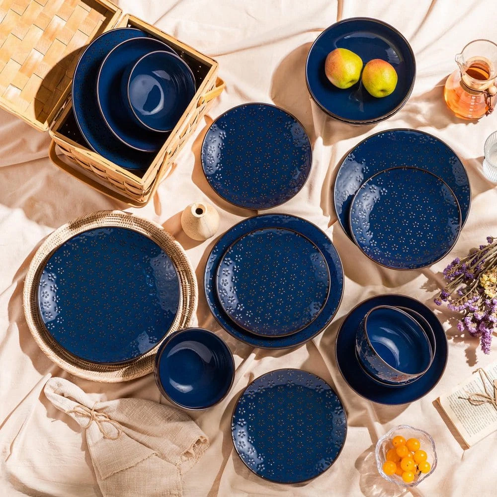 16-Piece Blue Stoneware Dinnerware Set Service For 4-Embossed Star-shape Floral Pattern Bowls And Plates Set 4 16-Piece Blue Stoneware Dinnerware Set Service For 4-Embossed Star-shape Floral Pattern Bowls And Plates Set - Image 2