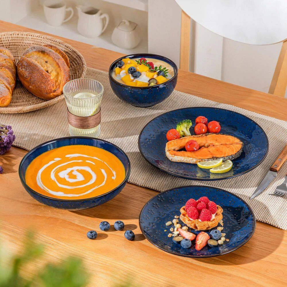 16-Piece Blue Stoneware Dinnerware Set Service For 4-Embossed Star-shape Floral Pattern Bowls And Plates Set 11 16-Piece Blue Stoneware Dinnerware Set Service For 4-Embossed Star-shape Floral Pattern Bowls And Plates Set - Image 9