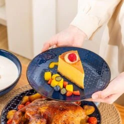 16-Piece Blue Stoneware Dinnerware Set Service For 4-Embossed Honeycomb Shape Pattern Tableware With Plates And Bowls -Vancasso Shop blue vancasso dinnerware sets lydia sl b 02 1d 1000