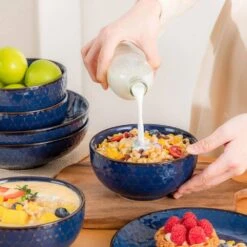 16-Piece Blue Stoneware Dinnerware Set Service For 4-Embossed Honeycomb Shape Pattern Tableware With Plates And Bowls -Vancasso Shop blue vancasso dinnerware sets lydia sl b 02 31 1000