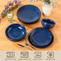 16-Piece Blue Stoneware Dinnerware Set Service For 4-Embossed Honeycomb Shape Pattern Tableware With Plates And Bowls -Vancasso Shop blue vancasso dinnerware sets lydia sl b 02 44 1000