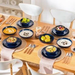 16-Piece Blue Stoneware Dinnerware Set Service For 4-Embossed Honeycomb Shape Pattern Tableware With Plates And Bowls -Vancasso Shop blue vancasso dinnerware sets lydia sl b 02 4f 1000