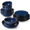 16-Piece Blue Stoneware Dinnerware Set Service For 4-Embossed Honeycomb Shape Pattern Tableware With Plates And Bowls
