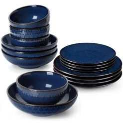 16-Piece Blue Stoneware Dinnerware Set Service For 4-Embossed Honeycomb Shape Pattern Tableware With Plates And Bowls