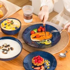 16-Piece Blue Stoneware Dinnerware Set Service For 4-Embossed Honeycomb Shape Pattern Tableware With Plates And Bowls -Vancasso Shop blue vancasso dinnerware sets lydia sl b 02 66 1000