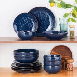 16-Piece Blue Stoneware Dinnerware Set Service For 4-Embossed Honeycomb Shape Pattern Tableware With Plates And Bowls -Vancasso Shop blue vancasso dinnerware sets lydia sl b 02 76 1000
