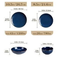 16-Piece Blue Stoneware Dinnerware Set Service For 4-Embossed Honeycomb Shape Pattern Tableware With Plates And Bowls -Vancasso Shop blue vancasso dinnerware sets lydia sl b 02 c3 1000