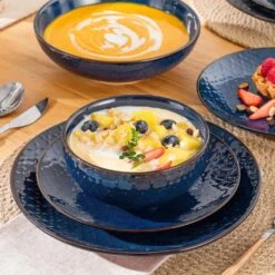 16-Piece Blue Stoneware Dinnerware Set Service For 4-Embossed Honeycomb Shape Pattern Tableware With Plates And Bowls -Vancasso Shop blue vancasso dinnerware sets lydia sl b 02 d4 1000