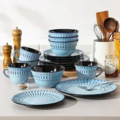 16-Piece Blue Porcelain Dinnerware Set Service For 4-Embossed Pattern Tableware With Dinner Plate Dessert Plate Bowl Mug 25 16-Piece Blue Porcelain Dinnerware Set Service For 4-Embossed Pattern Tableware With Dinner Plate Dessert Plate Bowl Mug -Vancasso Shop blue vancasso dinnerware sets nile b sl 76 1000