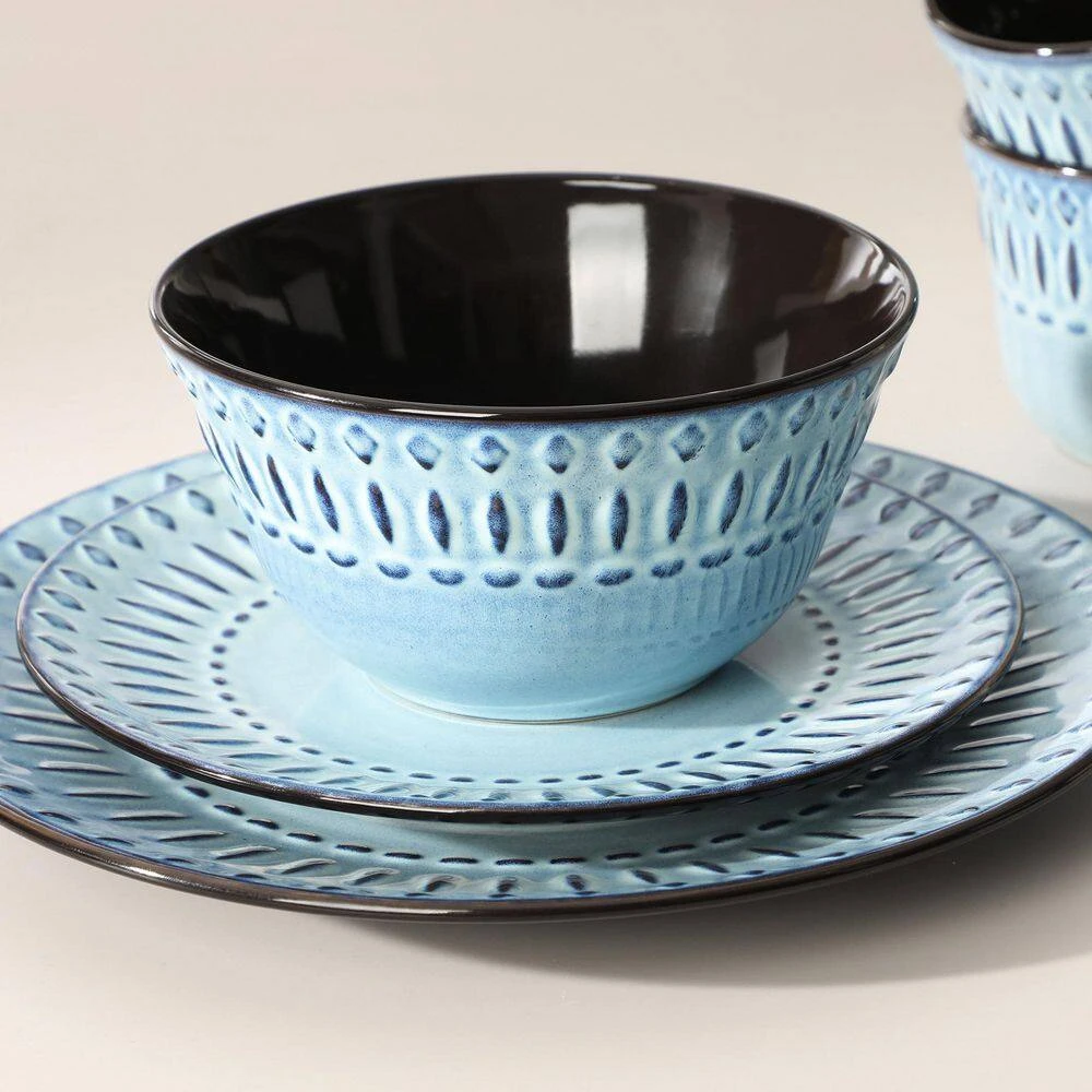 16-Piece Blue Porcelain Dinnerware Set Service For 4-Embossed Pattern Tableware With Dinner Plate Dessert Plate Bowl Mug 4 16-Piece Blue Porcelain Dinnerware Set Service For 4-Embossed Pattern Tableware With Dinner Plate Dessert Plate Bowl Mug - Image 2