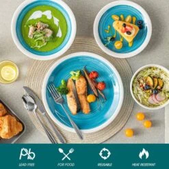 16-Piece Blue Stoneware Dinnerware Set Tableware (Service For 4) Bowls And Plates Dinner Set -Vancasso Shop blue vancasso dinnerware sets ori bl sl 4f 1000