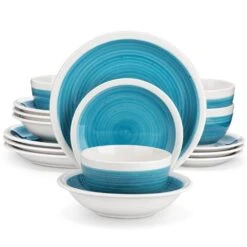 16-Piece Blue Stoneware Dinnerware Set Tableware (Service For 4) Bowls And Plates Dinner Set