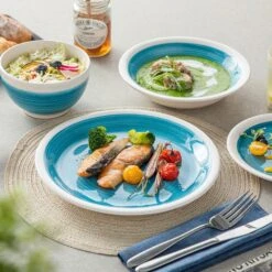 16-Piece Blue Stoneware Dinnerware Set Tableware (Service For 4) Bowls And Plates Dinner Set -Vancasso Shop blue vancasso dinnerware sets ori bl sl 66 1000