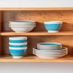 16-Piece Blue Stoneware Dinnerware Set Tableware (Service For 4) Bowls And Plates Dinner Set -Vancasso Shop blue vancasso dinnerware sets ori bl sl 76 1000