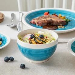 16-Piece Blue Stoneware Dinnerware Set Tableware (Service For 4) Bowls And Plates Dinner Set -Vancasso Shop blue vancasso dinnerware sets ori bl sl d4 1000