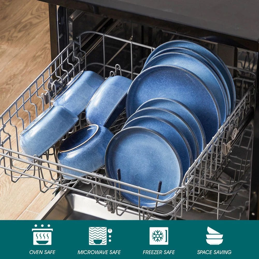 12-Piece Blue Stoneware Dinnerware Set (Service For 4) Glazed Tableware Set With Bowls And Plates For Kitchen Dining 9 12-Piece Blue Stoneware Dinnerware Set (Service For 4) Glazed Tableware Set With Bowls And Plates For Kitchen Dining - Image 7