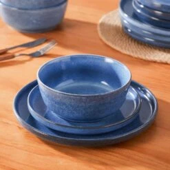 12-Piece Blue Stoneware Dinnerware Set (Service For 4) Glazed Tableware Set With Bowls And Plates For Kitchen Dining 16 12-Piece Blue Stoneware Dinnerware Set (Service For 4) Glazed Tableware Set With Bowls And Plates For Kitchen Dining -Vancasso Shop blue vancasso dinnerware sets vc anya bl 12 66 1000